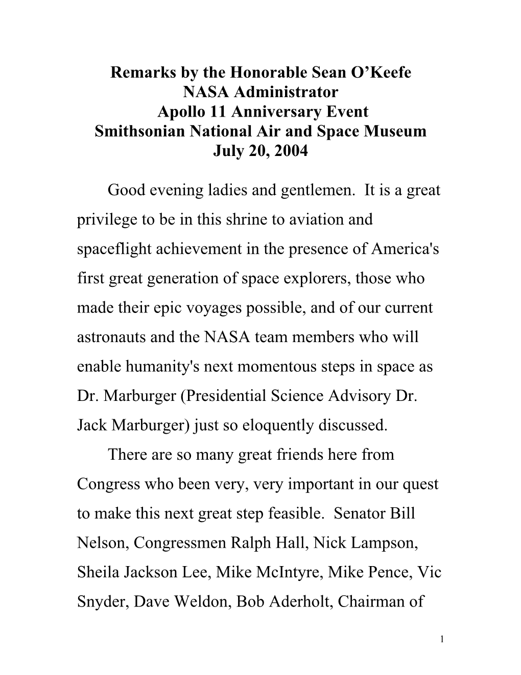 Address by NASA Administrator Sean O'keefe