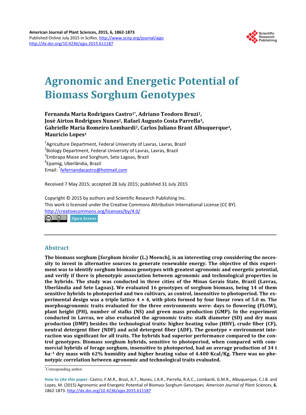 Agronomic and Energetic Potential of Biomass Sorghum Genotypes