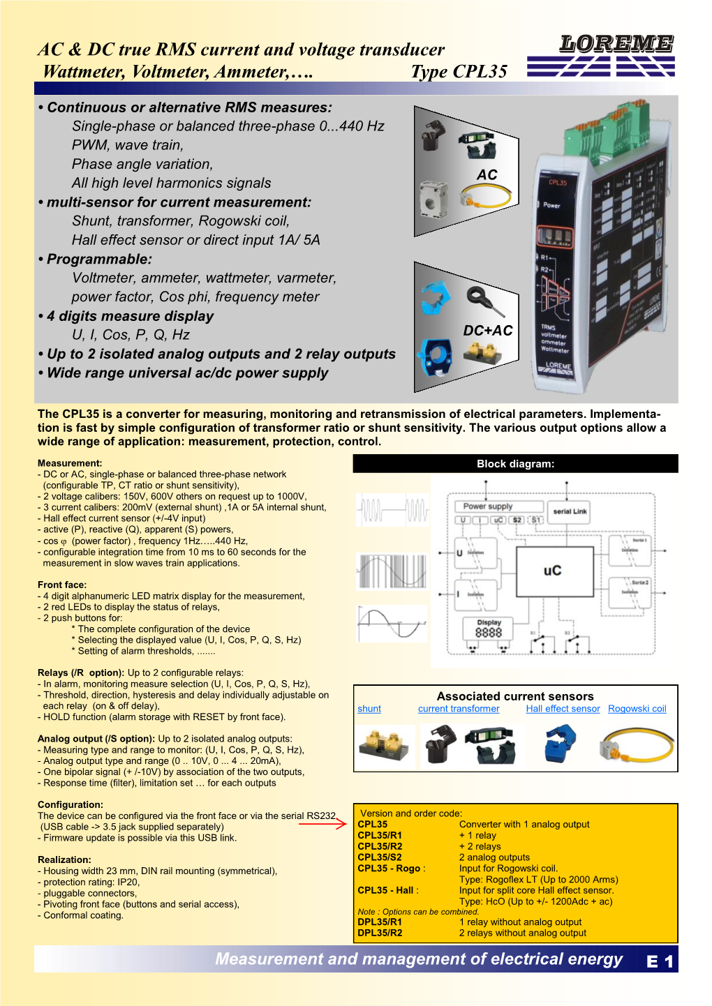 AC & DC True RMS Current and Voltage Transducer Wattmeter