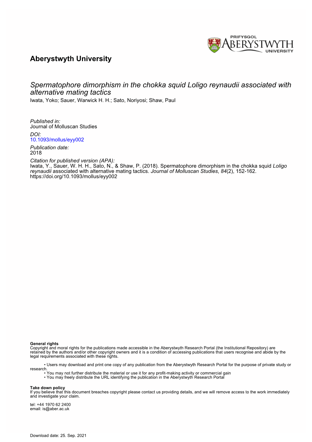 Aberystwyth University Spermatophore Dimorphism in the Chokka Squid Loligo Reynaudii Associated with Alternative Mating Tactics