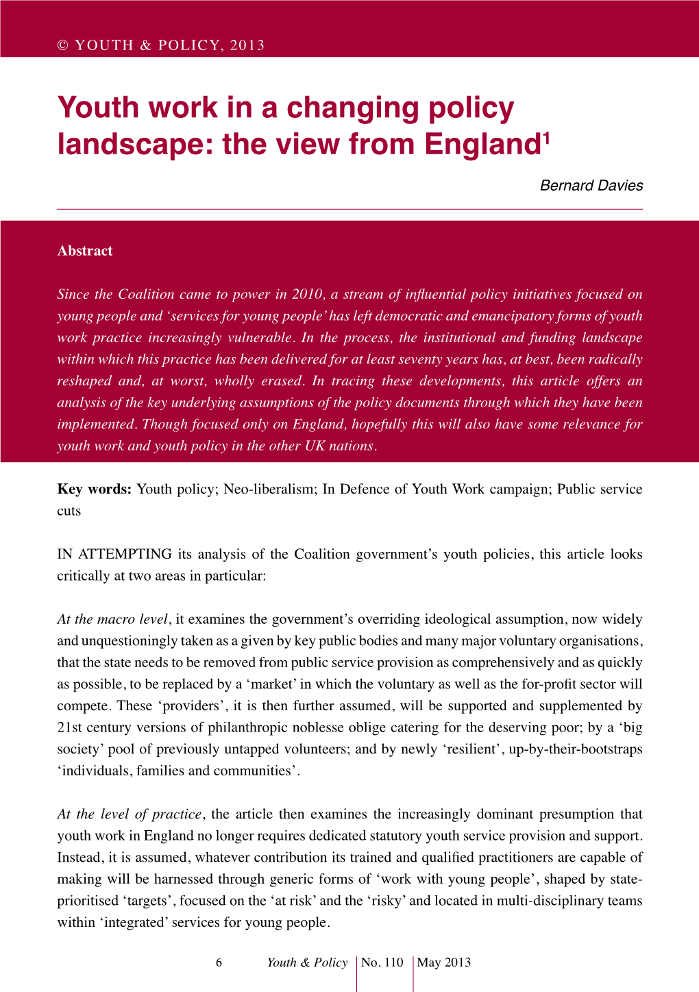 Youth Work in a Changing Policy Landscape: the View from England1 Bernard Davies