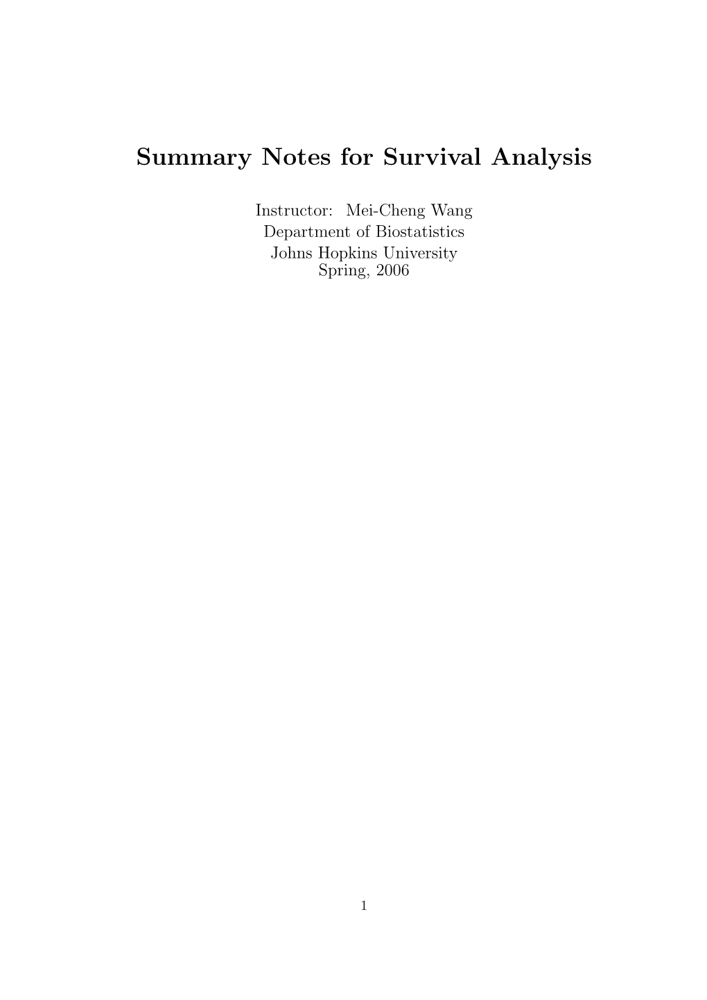 Summary Notes for Survival Analysis