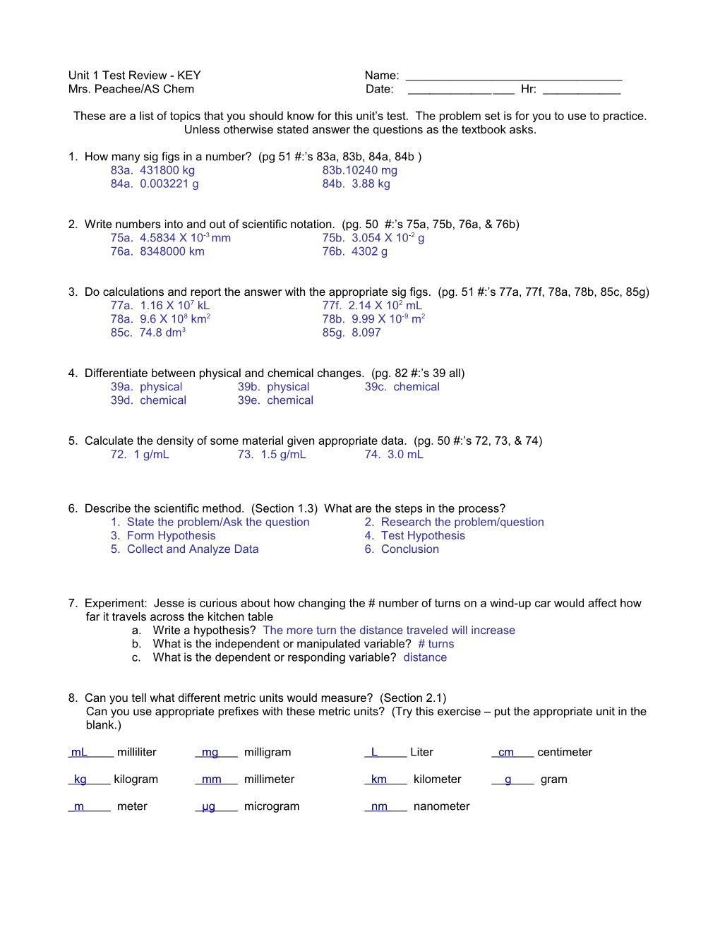 Unit 1 Test Review - KEY Name