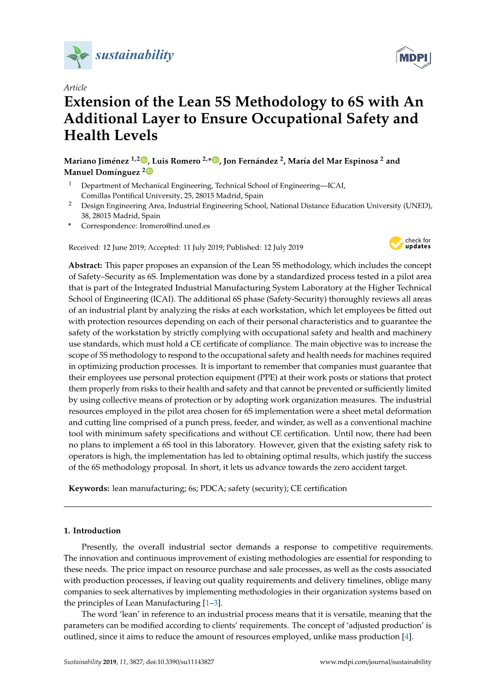 Extension of the Lean 5S Methodology to 6S with an Additional Layer to Ensure Occupational Safety and Health Levels