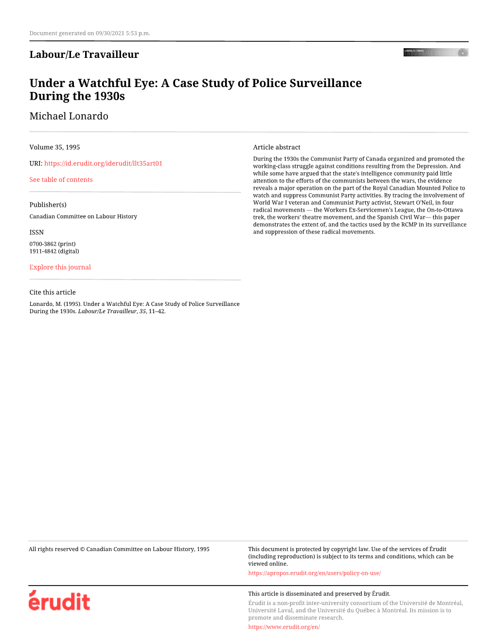 A Case Study of Police Surveillance During the 1930S Michael Lonardo