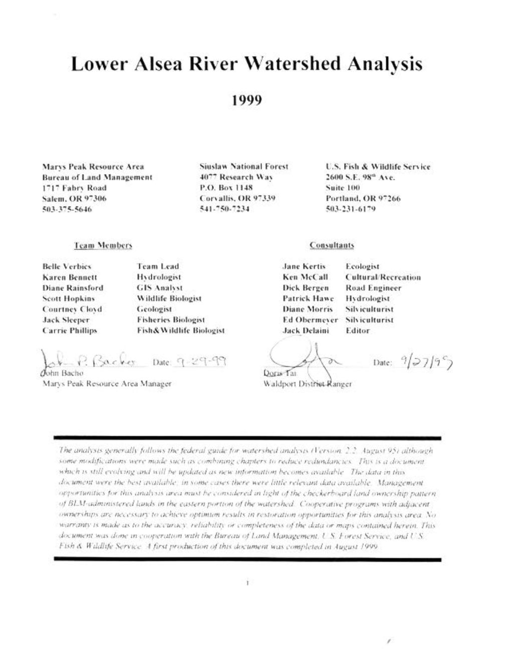 Lower Alsea River Watershed Analysis