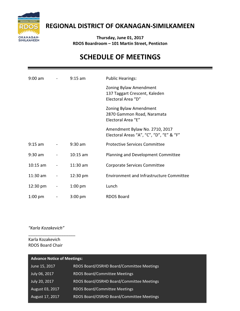 Schedule of Meetings