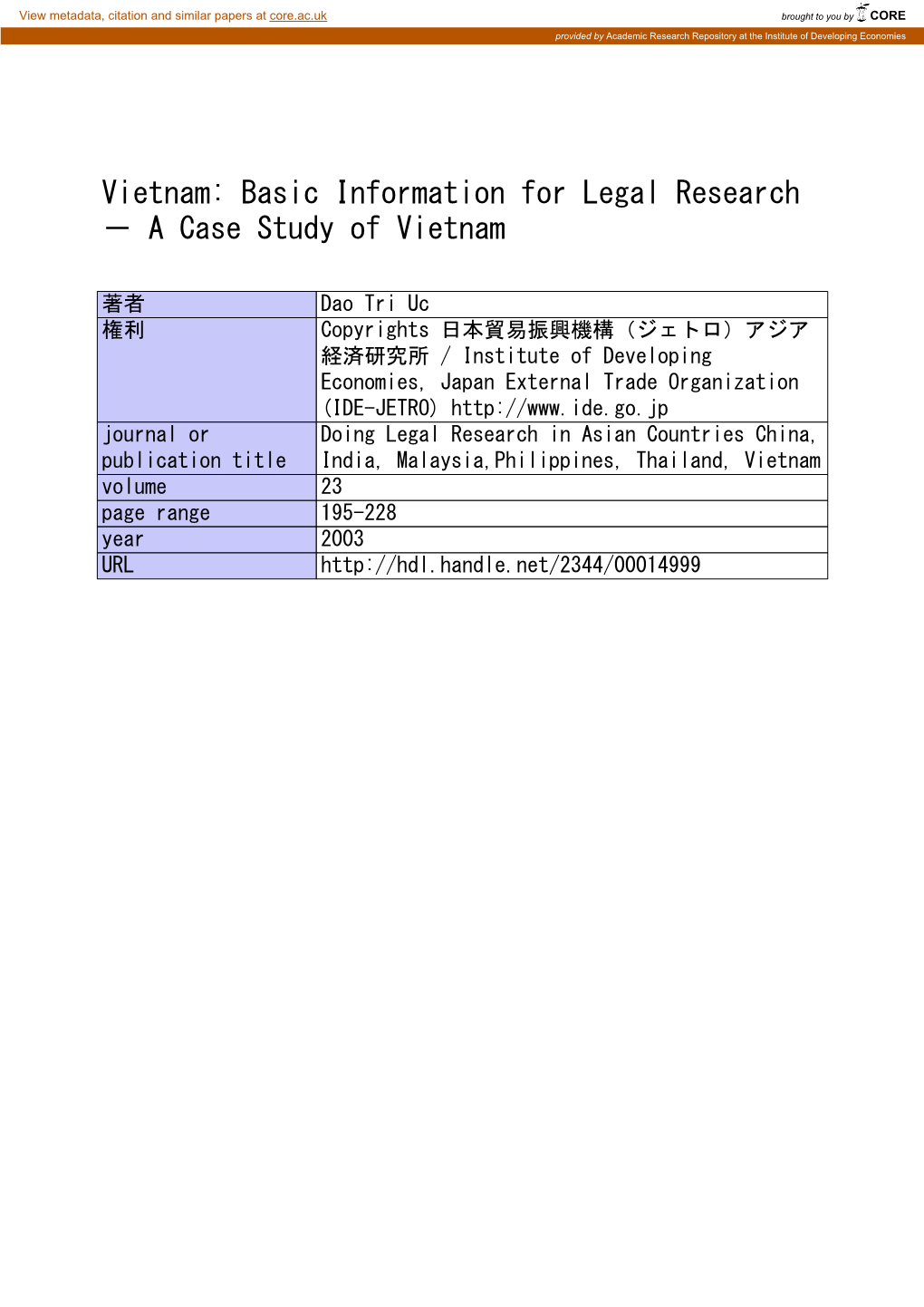 Vietnam: Basic Information for Legal Research − a Case Study of Vietnam