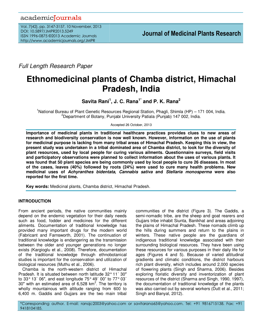 Ethnomedicinal Plants of Chamba District, Himachal Pradesh, India