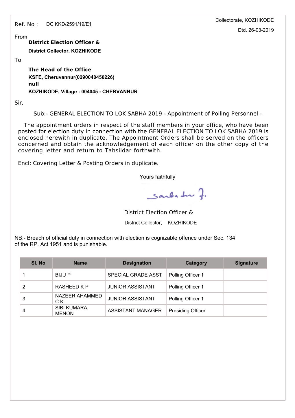 GENERAL ELECTION to LOK SABHA 2019 - Appointment of Polling Personnel