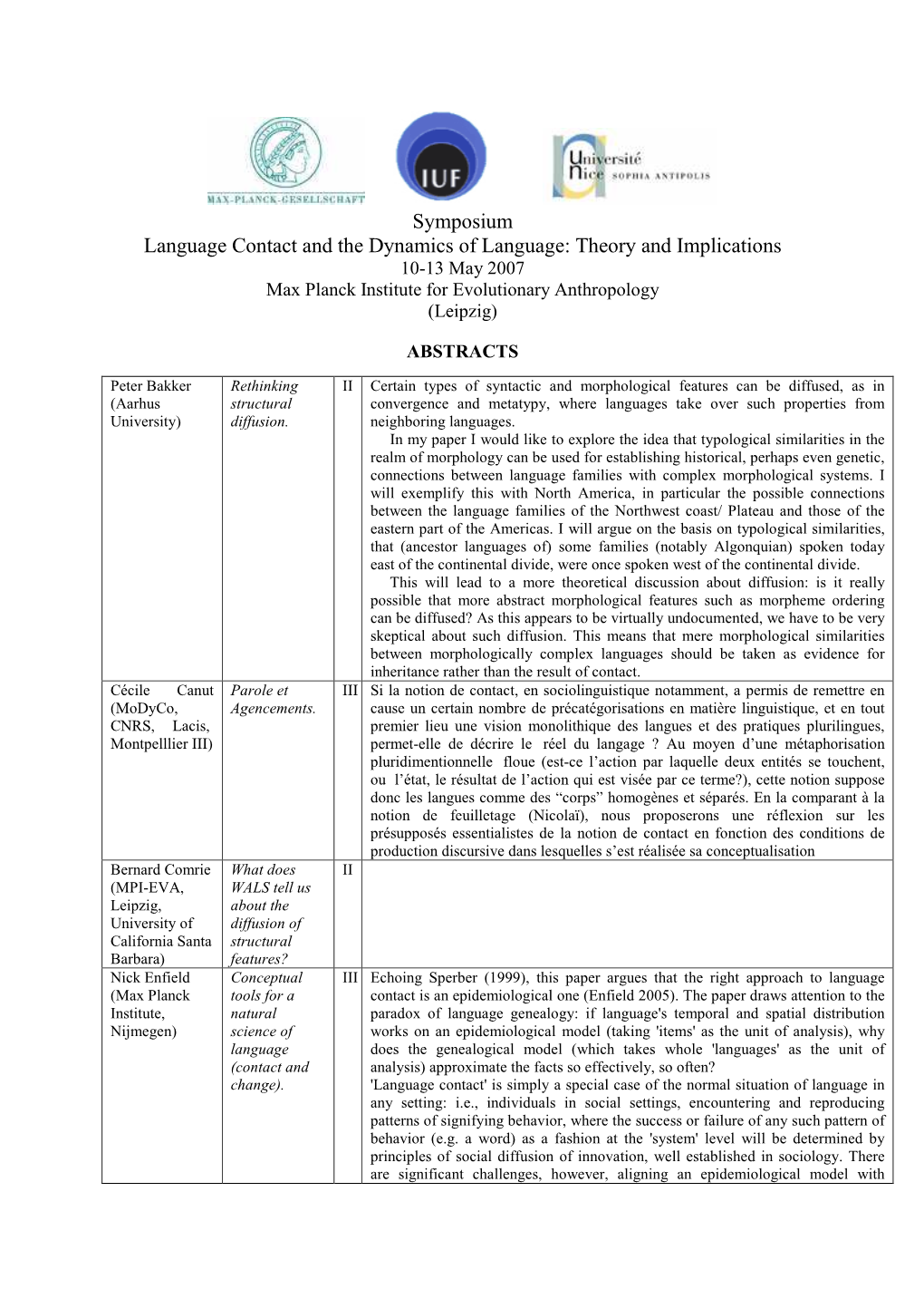 Symposium Language Contact and the Dynamics of Language: Theory and Implications 10-13 May 2007 Max Planck Institute for Evolutionary Anthropology (Leipzig)