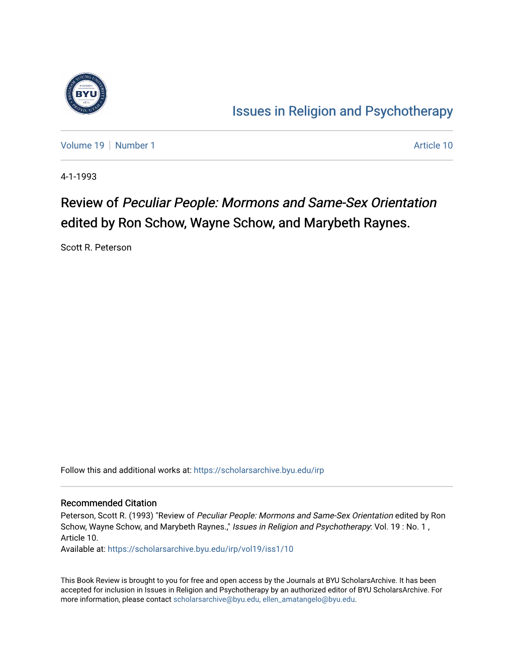 Review of Peculiar People: Mormons and Same-Sex Orientation Edited by Ron Schow, Wayne Schow, and Marybeth Raynes