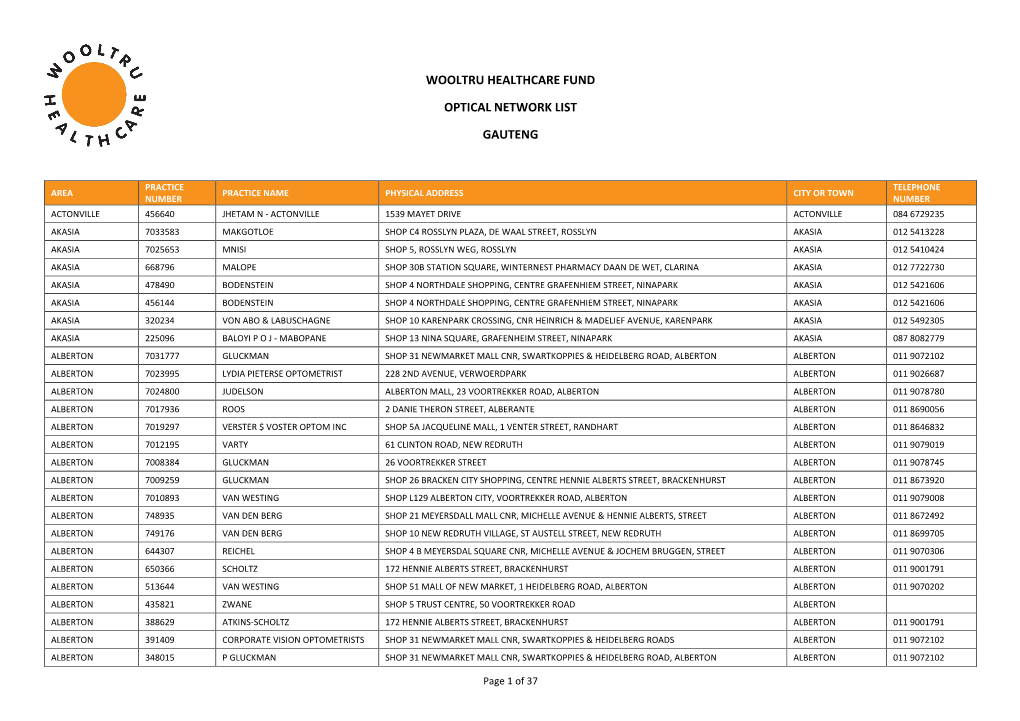 Wooltru Healthcare Fund Optical Network List Gauteng