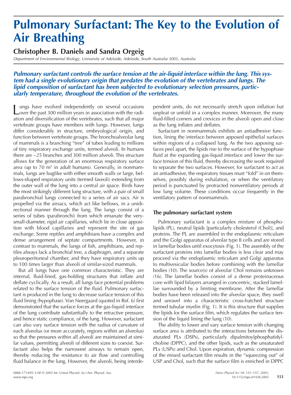 Pulmonary Surfactant: the Key to the Evolution of Air Breathing Christopher B