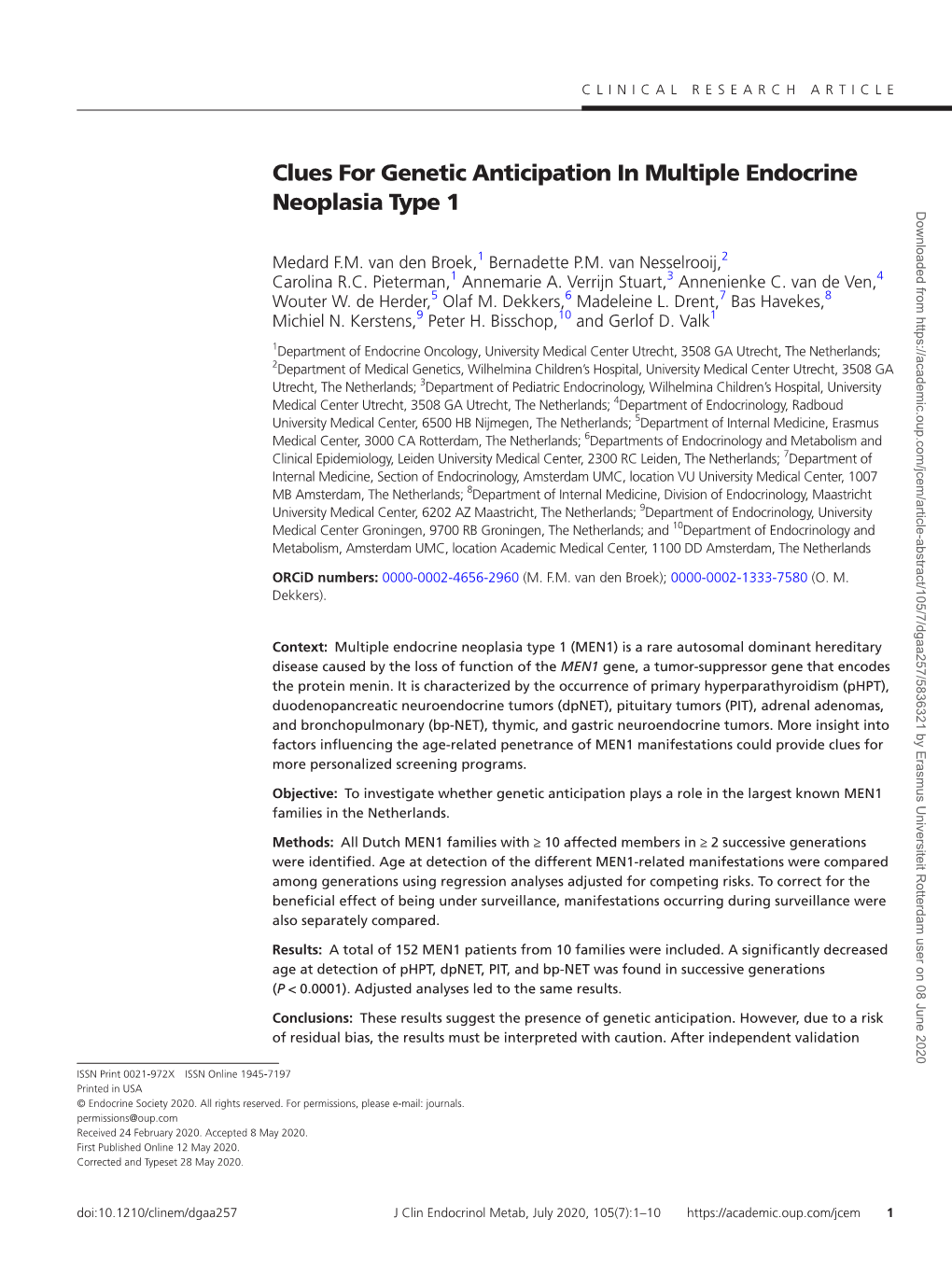 Clues for Genetic Anticipation in Multiple Endocrine Neoplasia Type 1