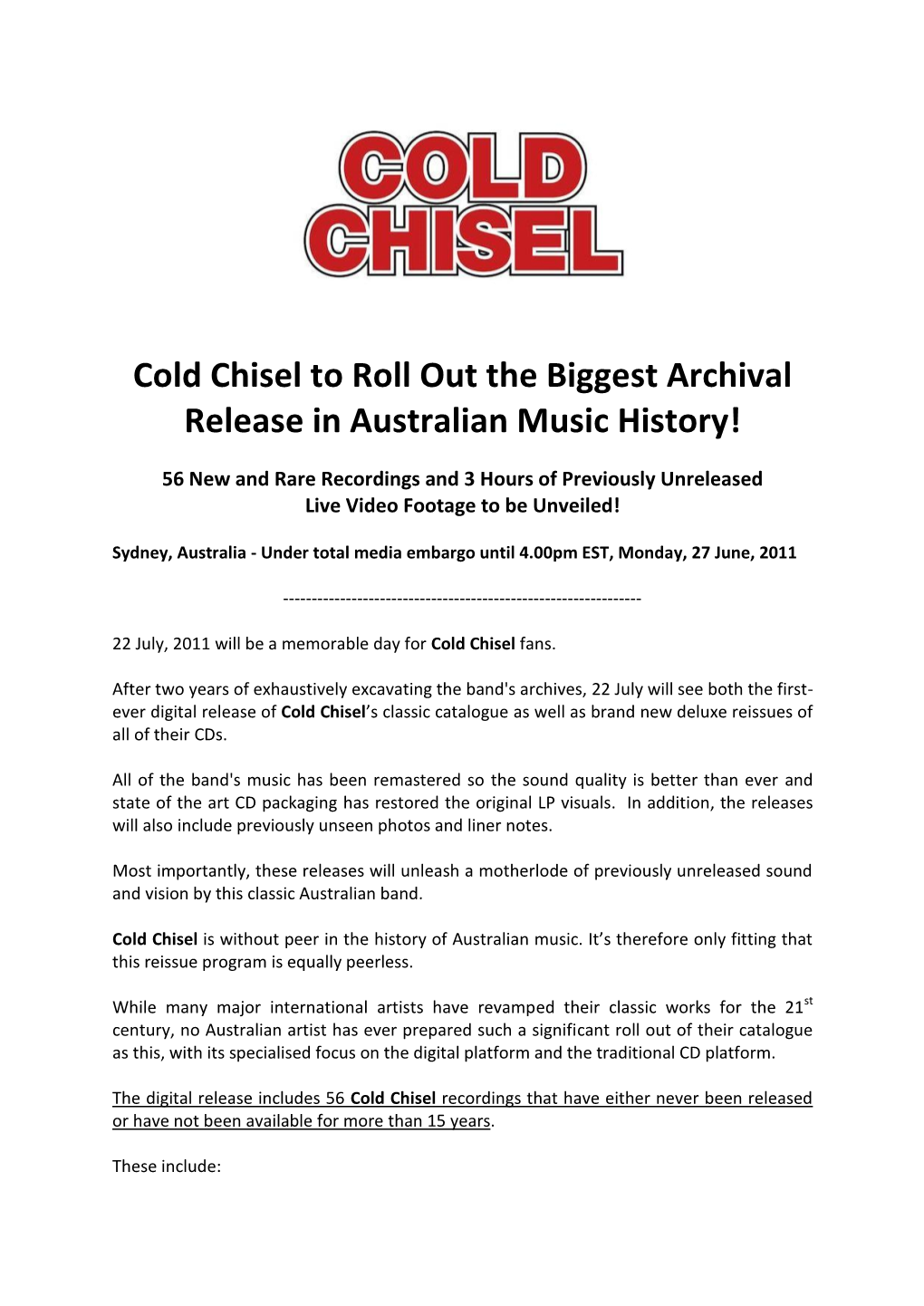 Cold Chisel to Roll out the Biggest Archival Release in Australian Music History!