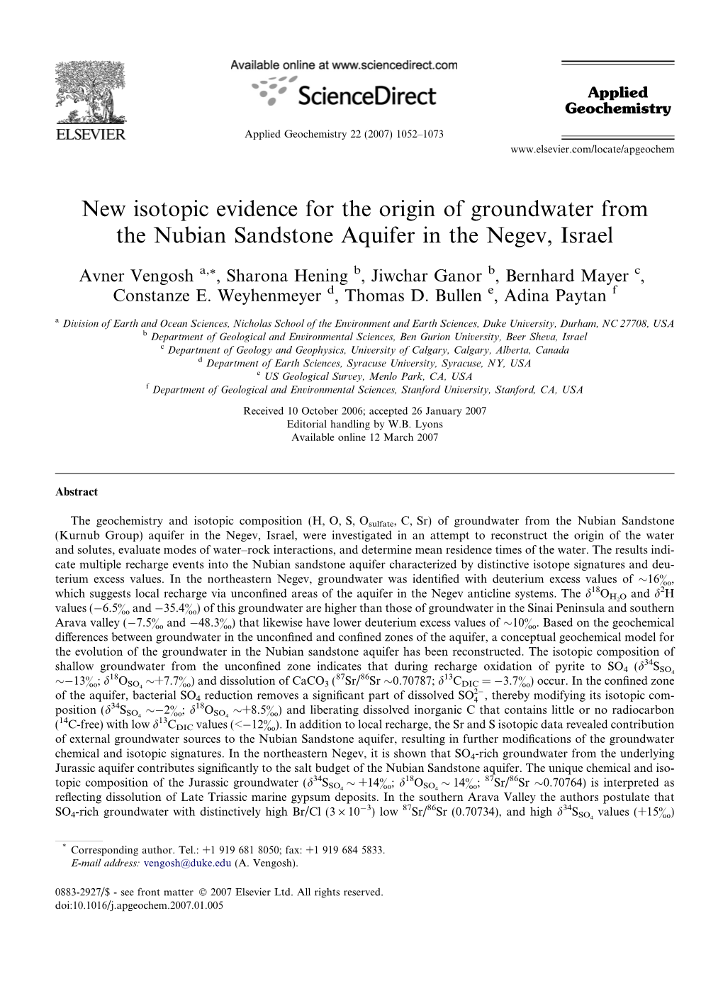 New Isotopic Evidence for the Origin of Groundwater from the Nubian Sandstone Aquifer in the Negev, Israel