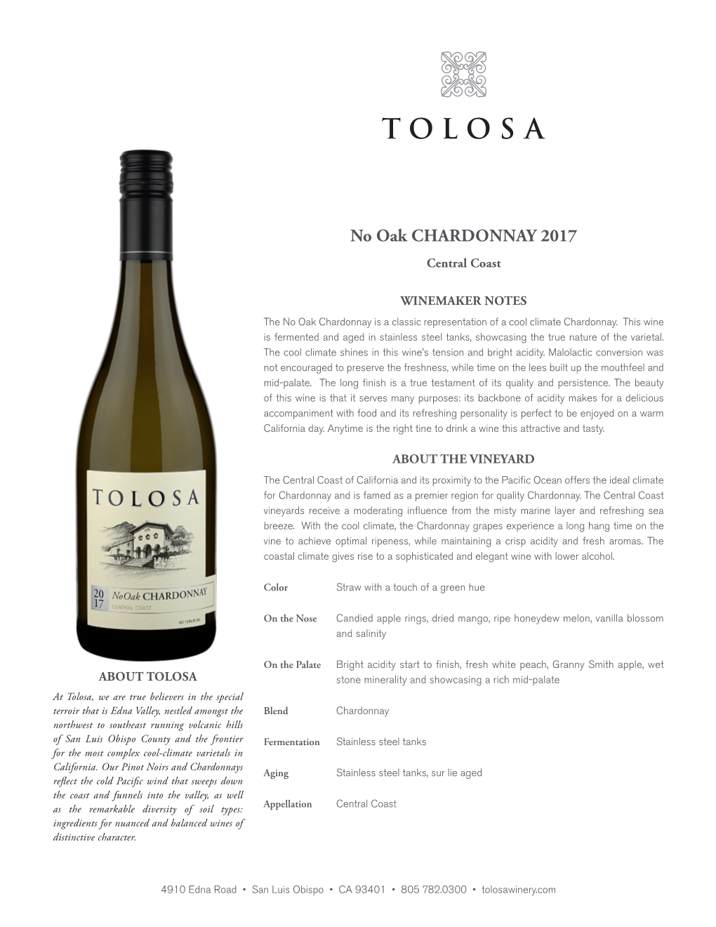 No Oak CHARDONNAY 2017 Central Coast