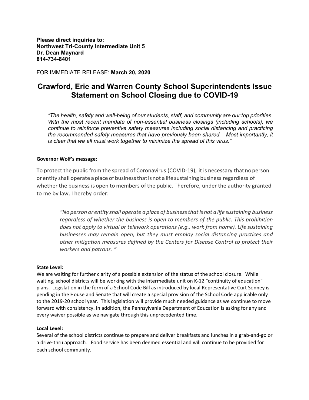 Crawford, Erie and Warren County School Superintendents Issue Statement on School Closing Due to COVID-19