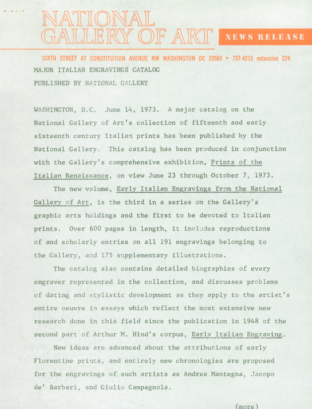 WASHINGTON, B.C. June 14, 1973. a Major Catalog on the National