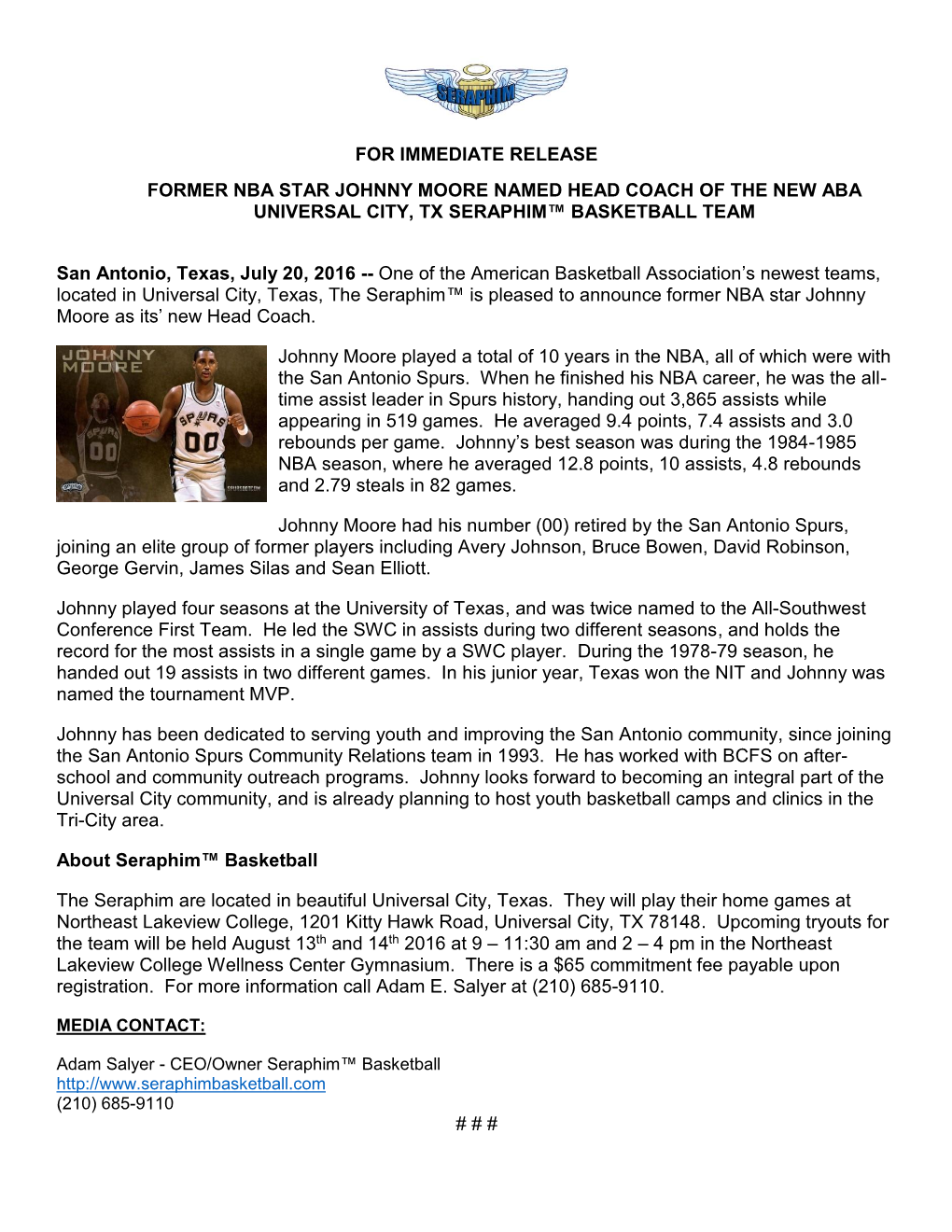 For Immediate Release Former Nba Star Johnny Moore