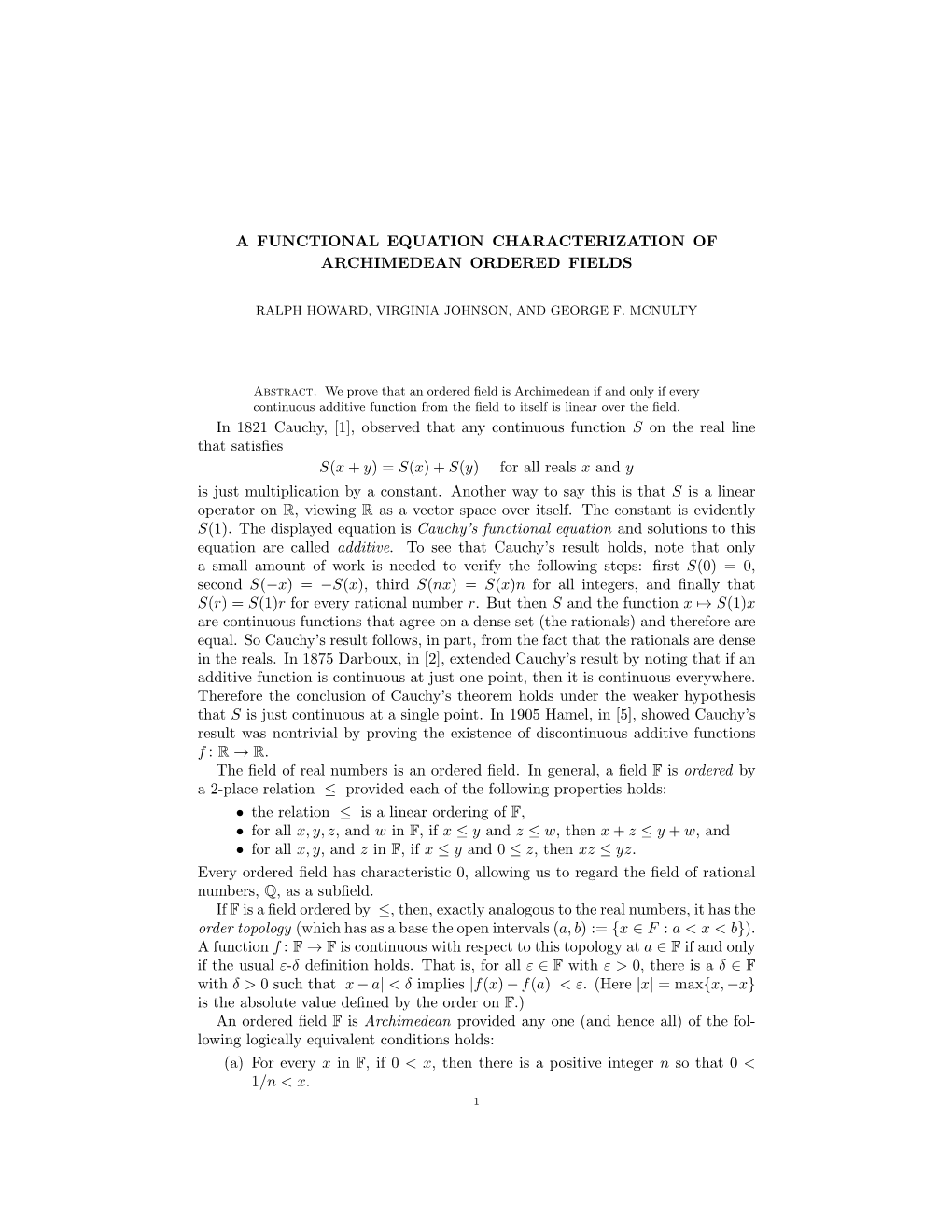 A Functional Equation Characterization of Archimedean Ordered Fields