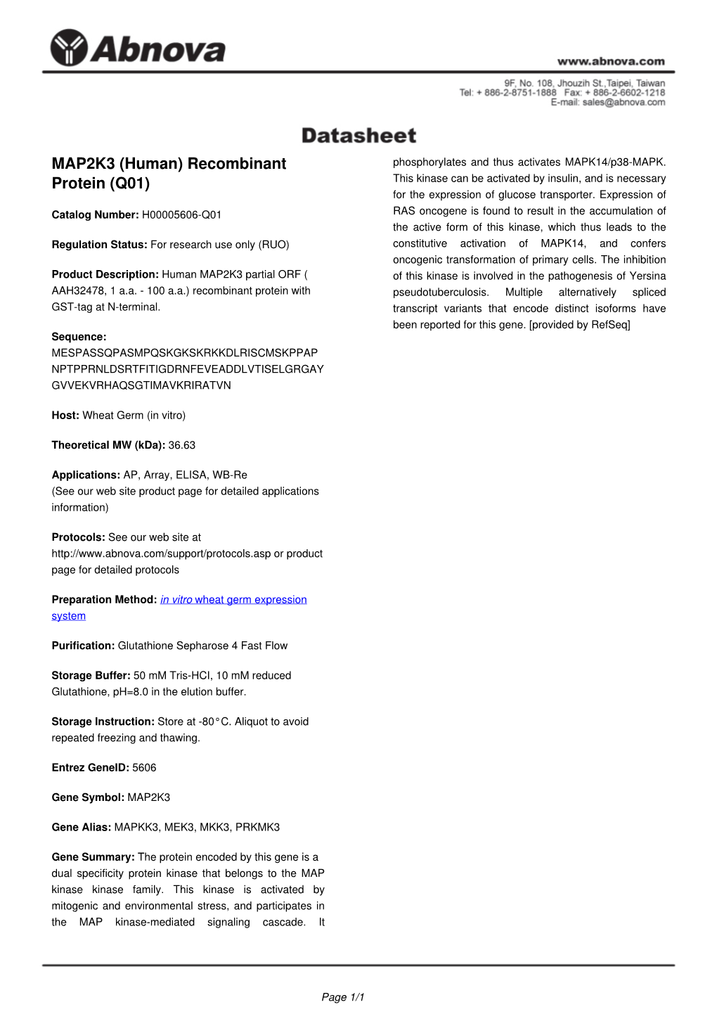 MAP2K3 (Human) Recombinant Protein (Q01)