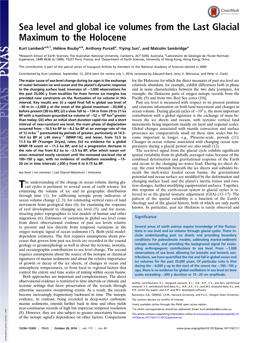 Sea Level and Global Ice Volumes from the Last Glacial Maximum to the Holocene