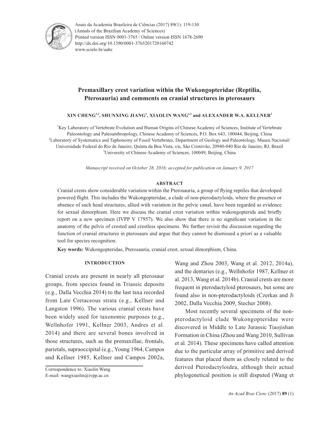 Premaxillary Crest Variation Within the Wukongopteridae (Reptilia, Pterosauria) and Comments on Cranial Structures in Pterosaurs