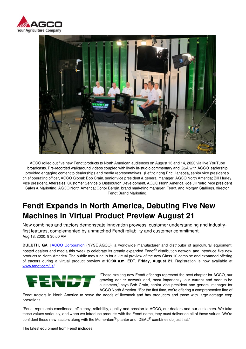 Fendt Expands in North America, Debuting Five New Machines in Virtual Product Preview August 21