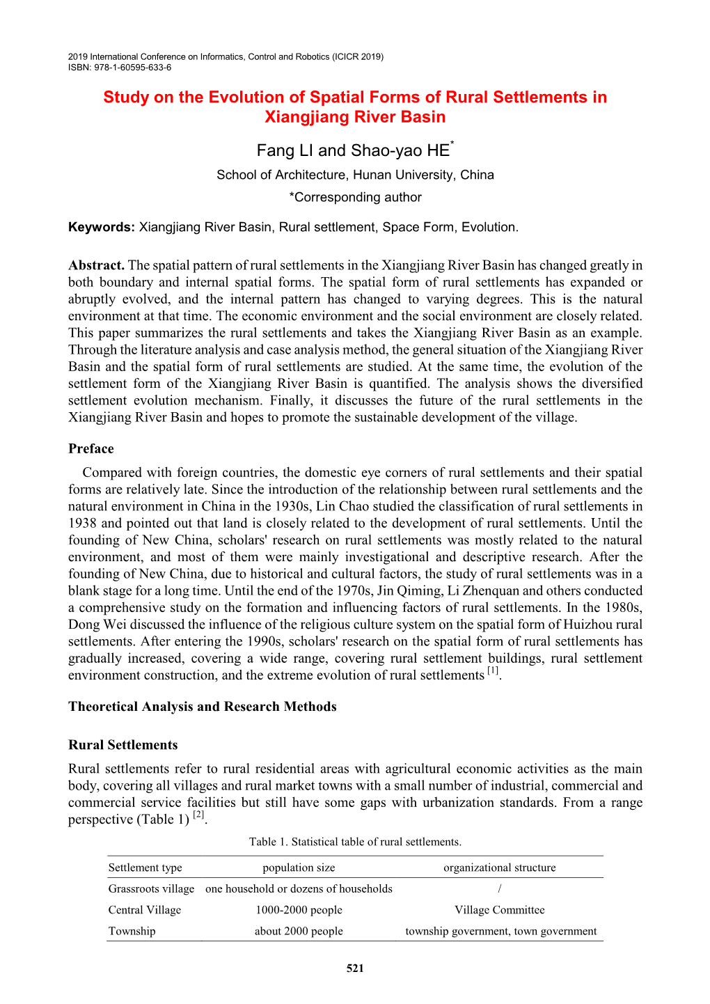 Study on the Evolution of Spatial Forms of Rural Settlements in Xiangjiang River Basin