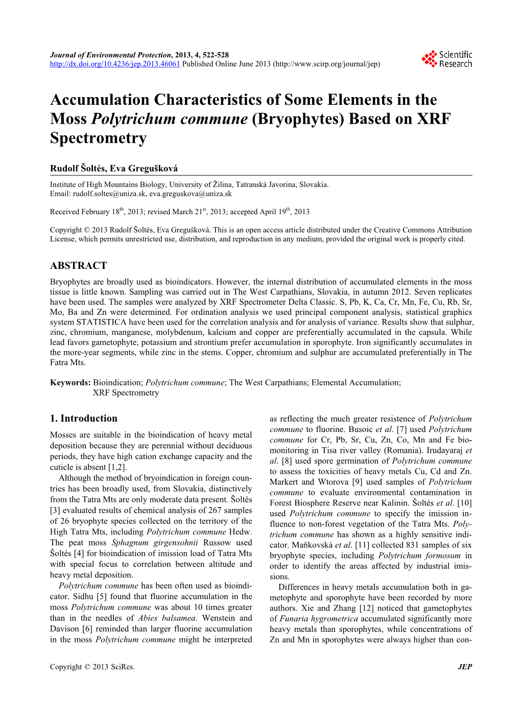 Accumulation Characteristics of Some Elements in the Moss Polytrichum Commune (Bryophytes) Based on XRF Spectrometry