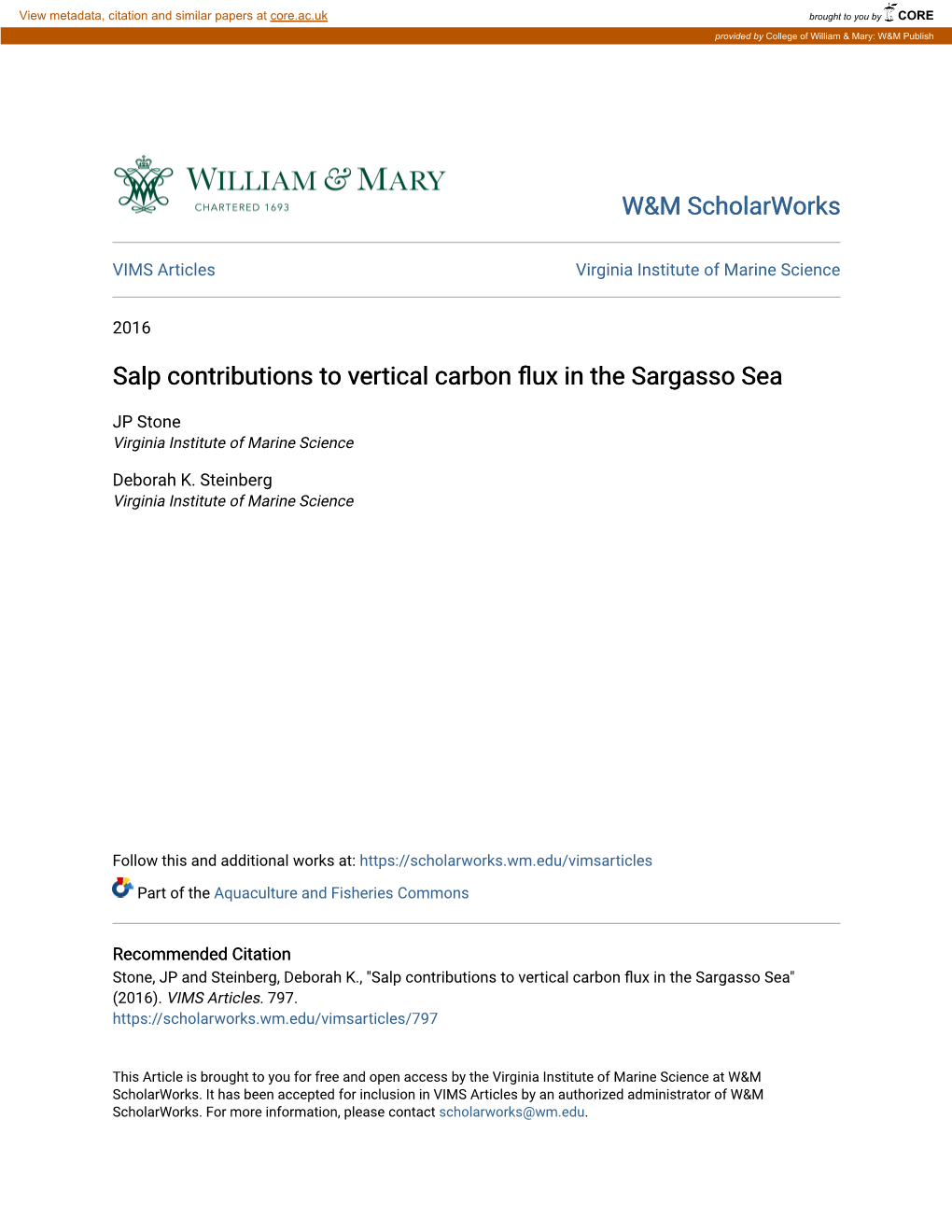 Salp Contributions to Vertical Carbon Flux in the Sargasso Sea