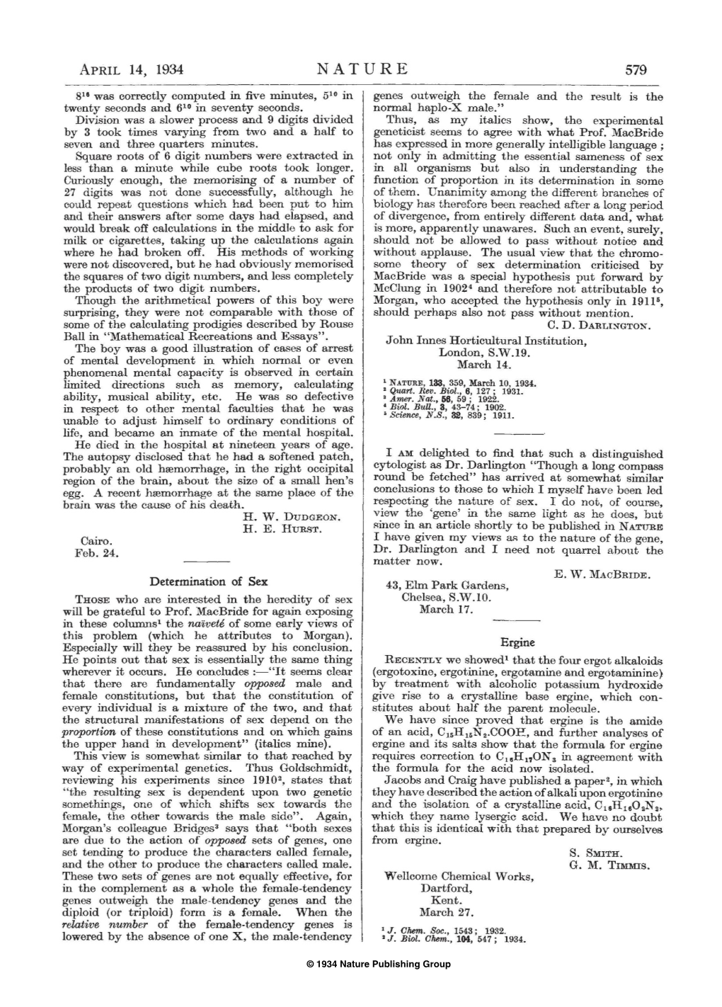 Determination of Sex 43, Elm Park Gardens, THOSE Who Are Interested in the Heredity of Sex Chelsea, S.W.Lo