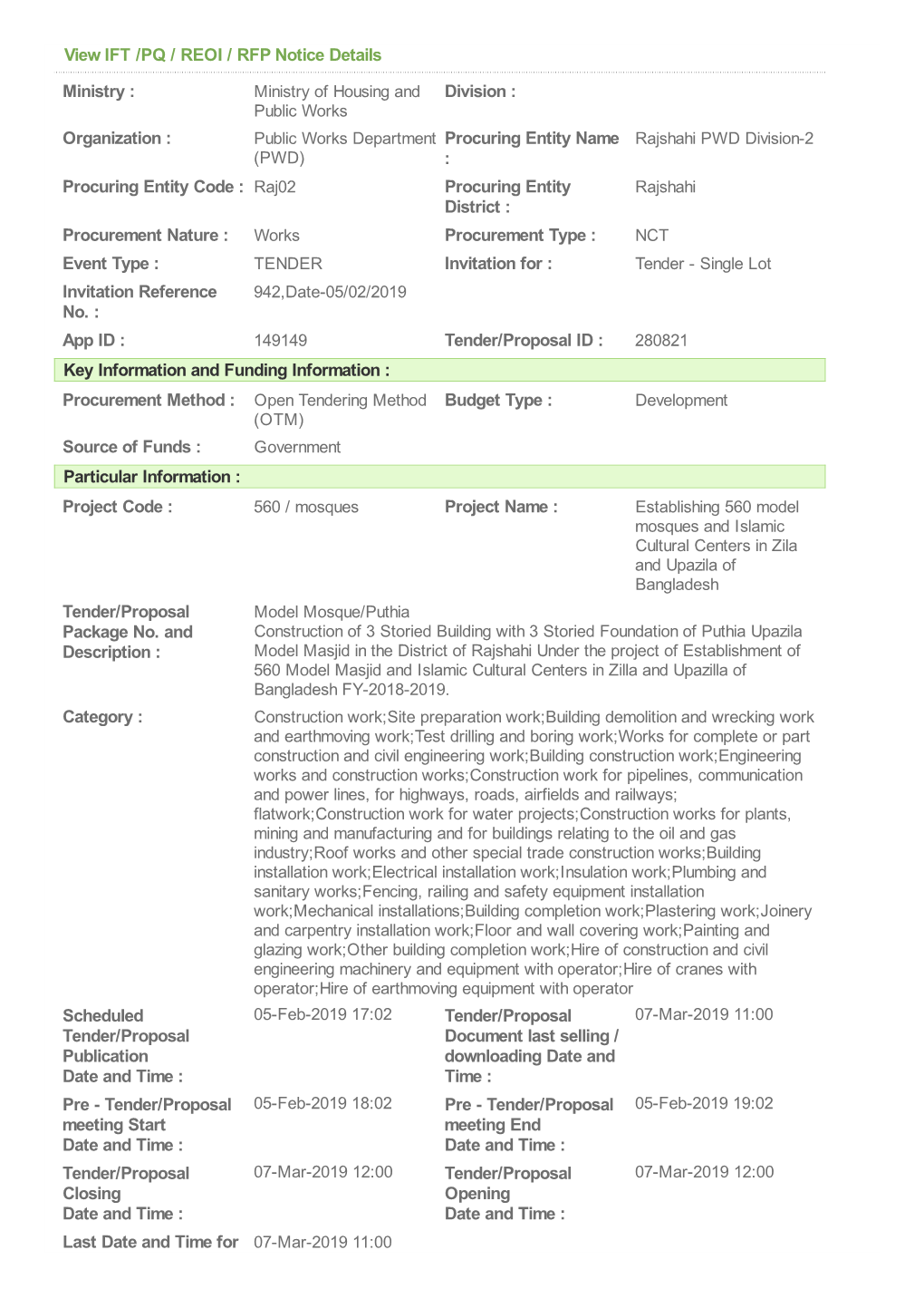 View IFT /PQ / REOI / RFP Notice Details