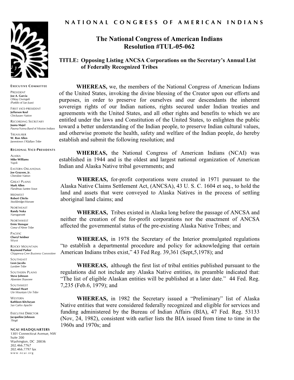 The National Congress of American Indians Resolution #TUL-05-062