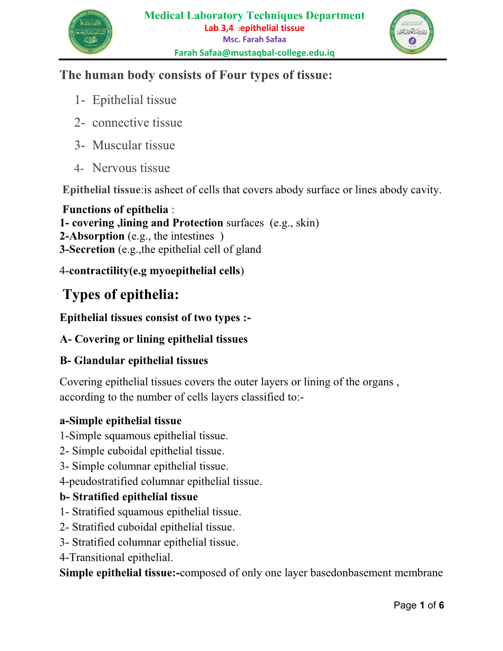 Types of Epithelia