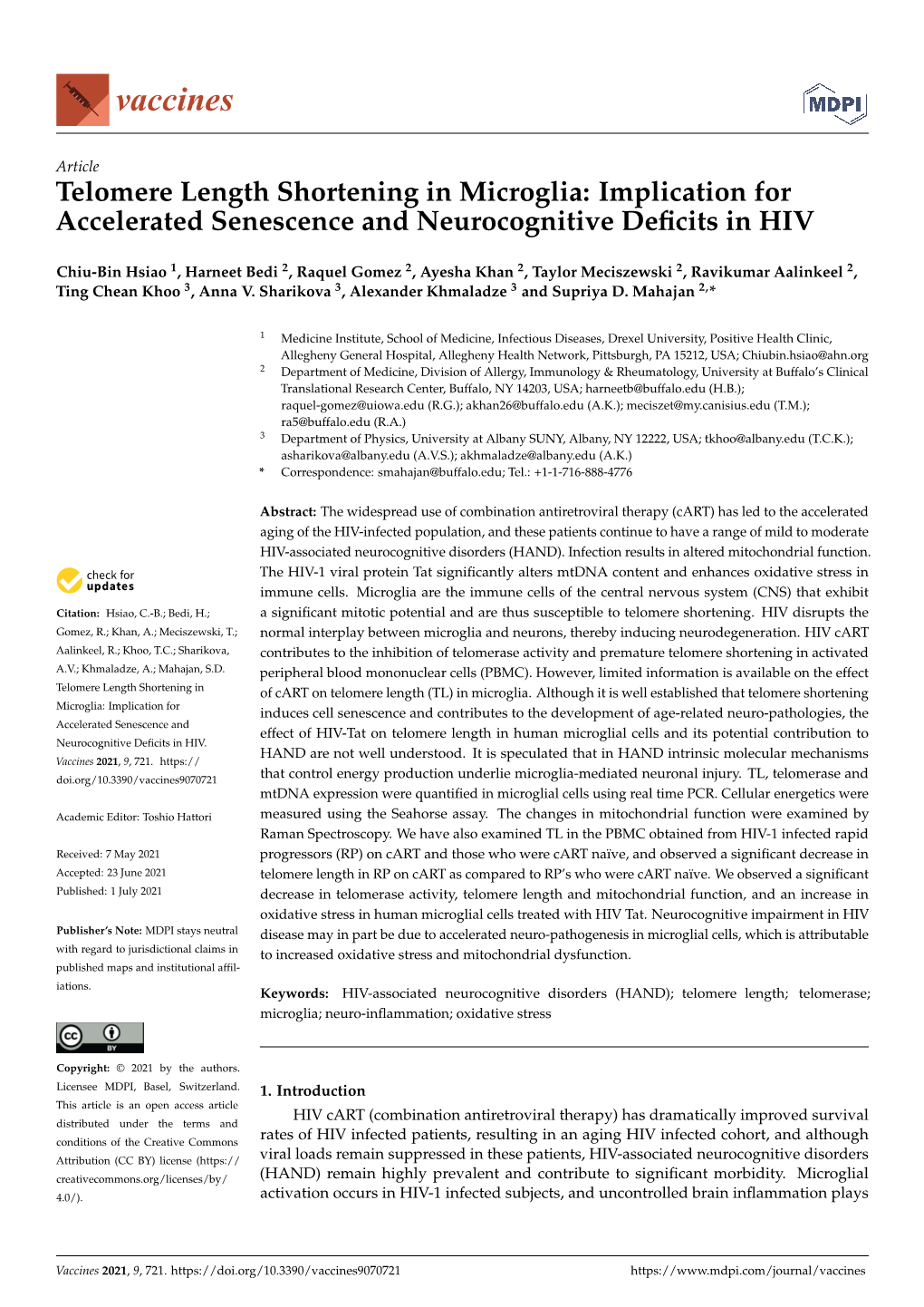 Telomere Length Shortening in Microglia: Implication for Accelerated Senescence and Neurocognitive Deﬁcits in HIV