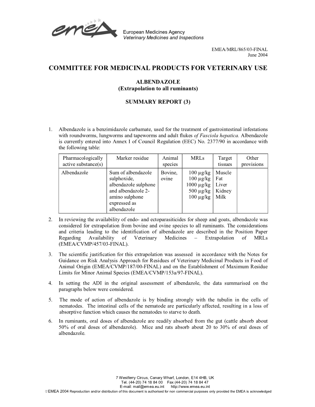 ALBENDAZOLE (Extrapolation to All Ruminants)