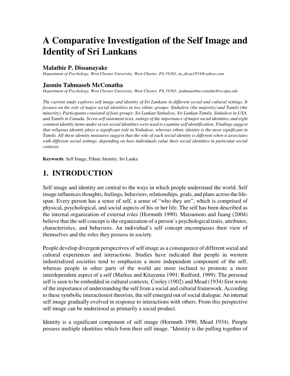 A Comparative Investigation of the Self Image and Identity of Sri Lankans