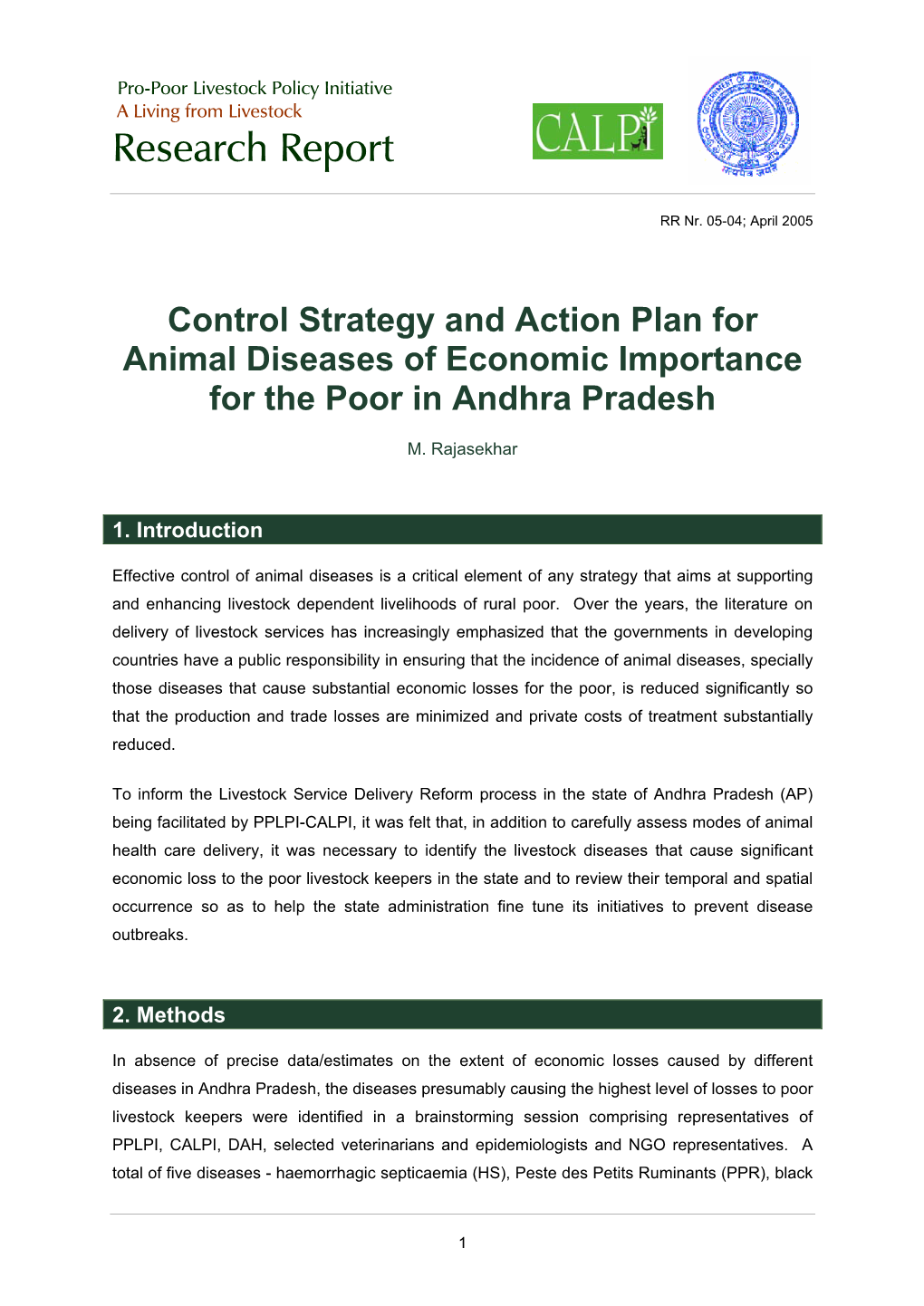 Control Strategy and Action Plan for Animal Diseases of Economic Importance for the Poor in Andhra Pradesh