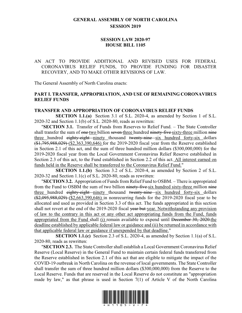 General Assembly of North Carolina Session 2019 Session Law 2020-97 House Bill 1105 an Act to Provide Additional and Revised