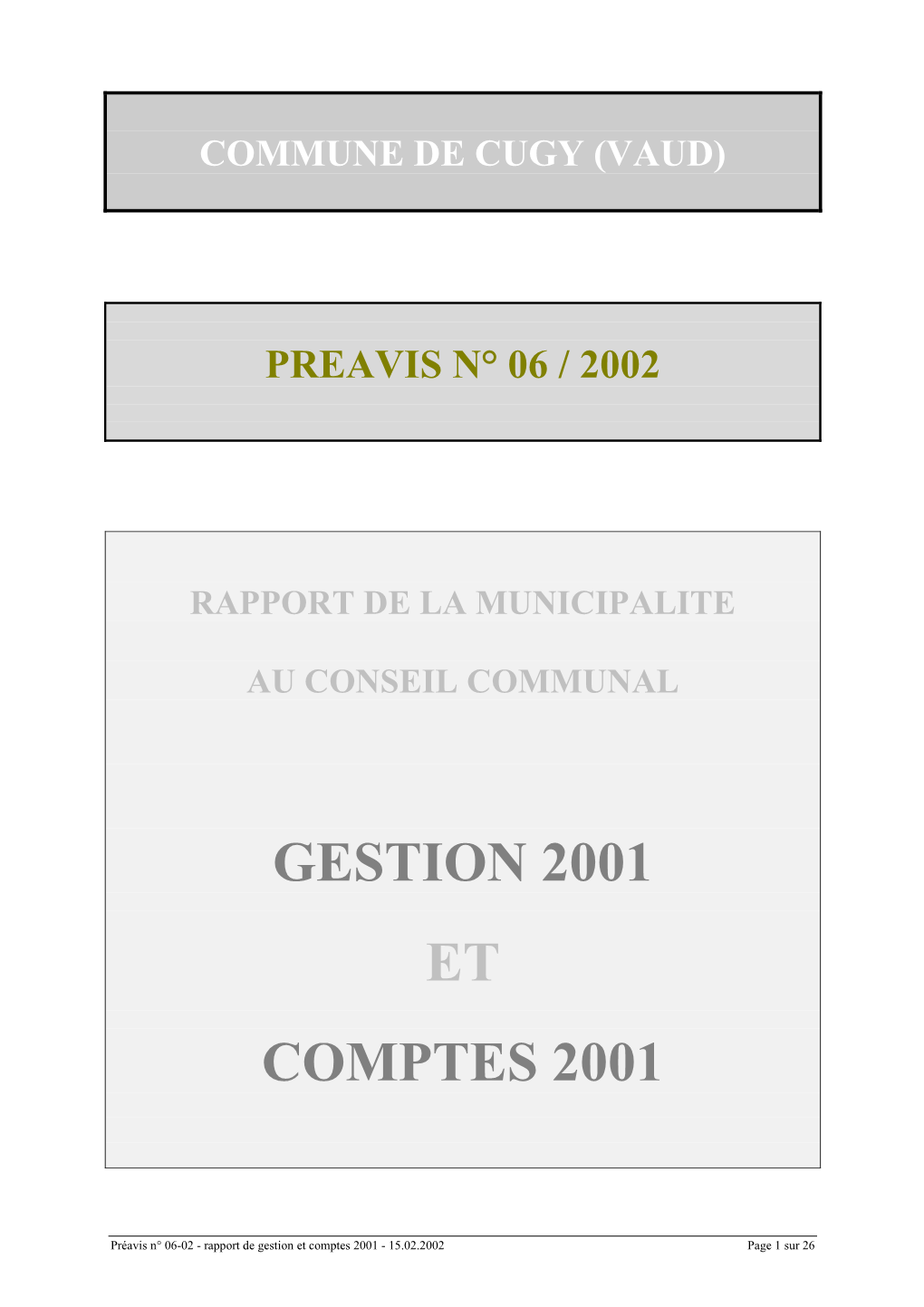 Préavis Municipal N° 30/97 Au Conseil Communal De Cugy VD