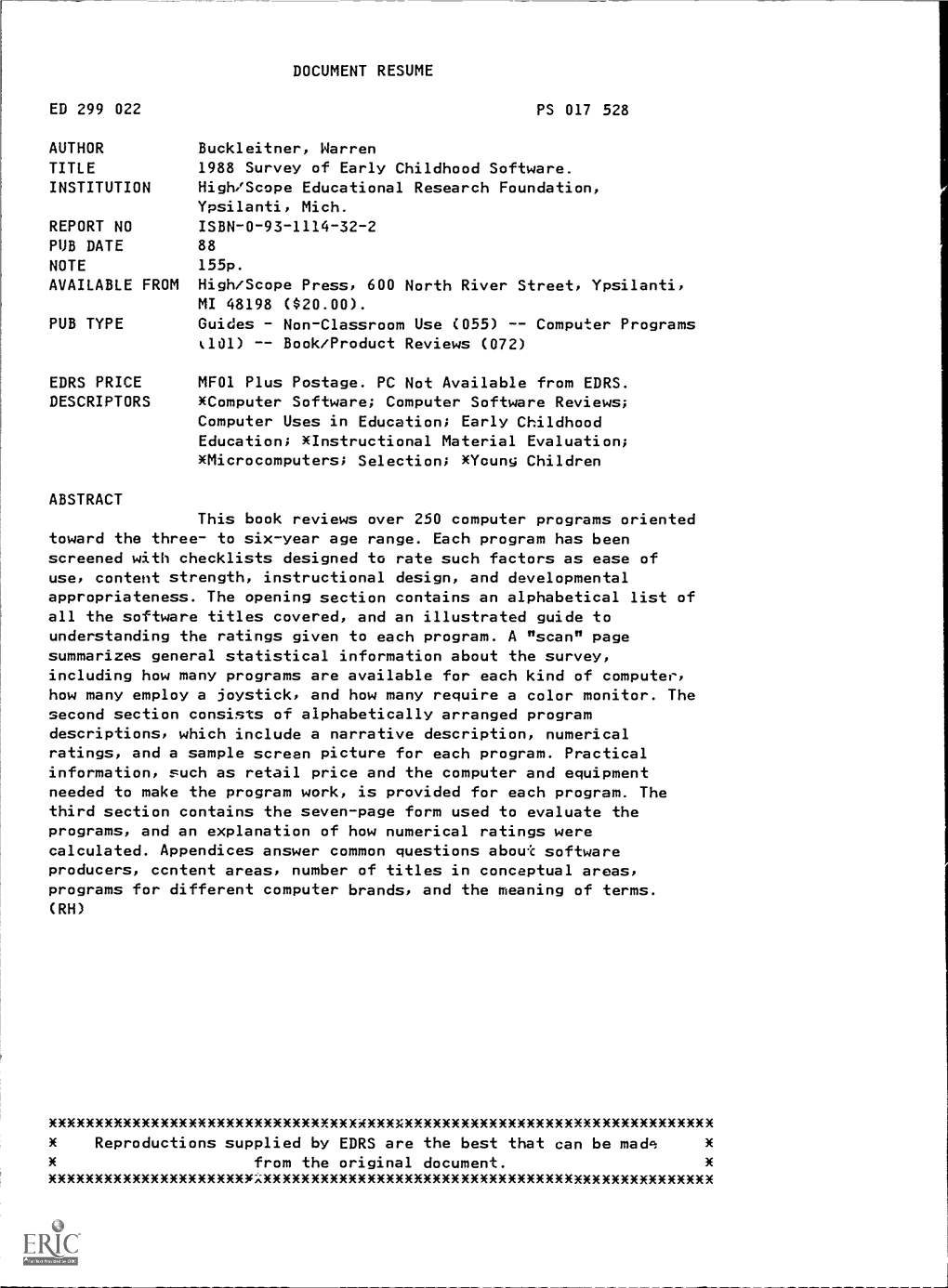 1988 Survey of Early Childhood Software. INSTITUTION High/Scope Educational Research Foundation, Ypsilanti, Mich