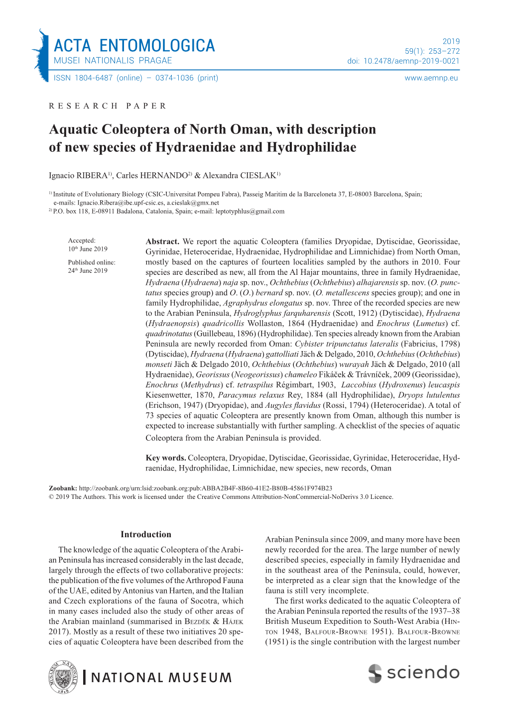 ACTA ENTOMOLOGICA 59(1): 253–272 MUSEI NATIONALIS PRAGAE Doi: 10.2478/Aemnp-2019-0021