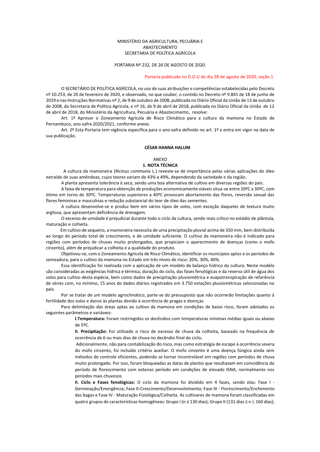 Ministério Da Agricultura, Pecuária E Abastecimento Secretaria De Política Agrícola