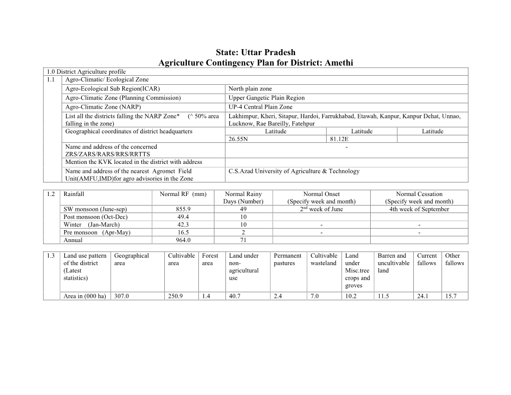 State: Uttar Pradesh Agriculture Contingency Plan for District: Amethi