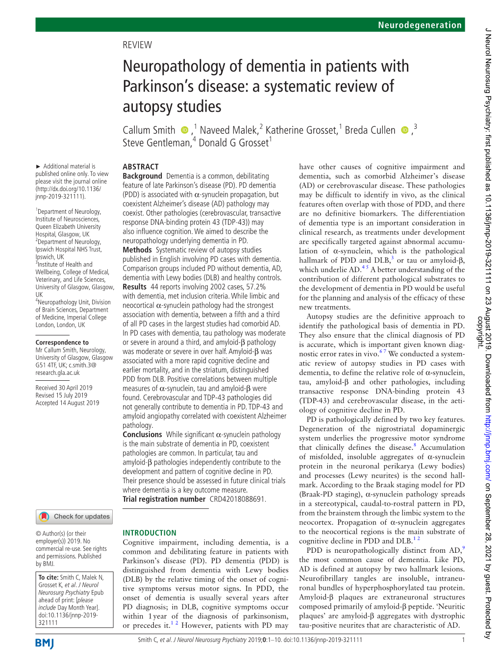 Neuropathology of Dementia in Patients with Parkinson's Disease: a Systematic Review of Autopsy Studies