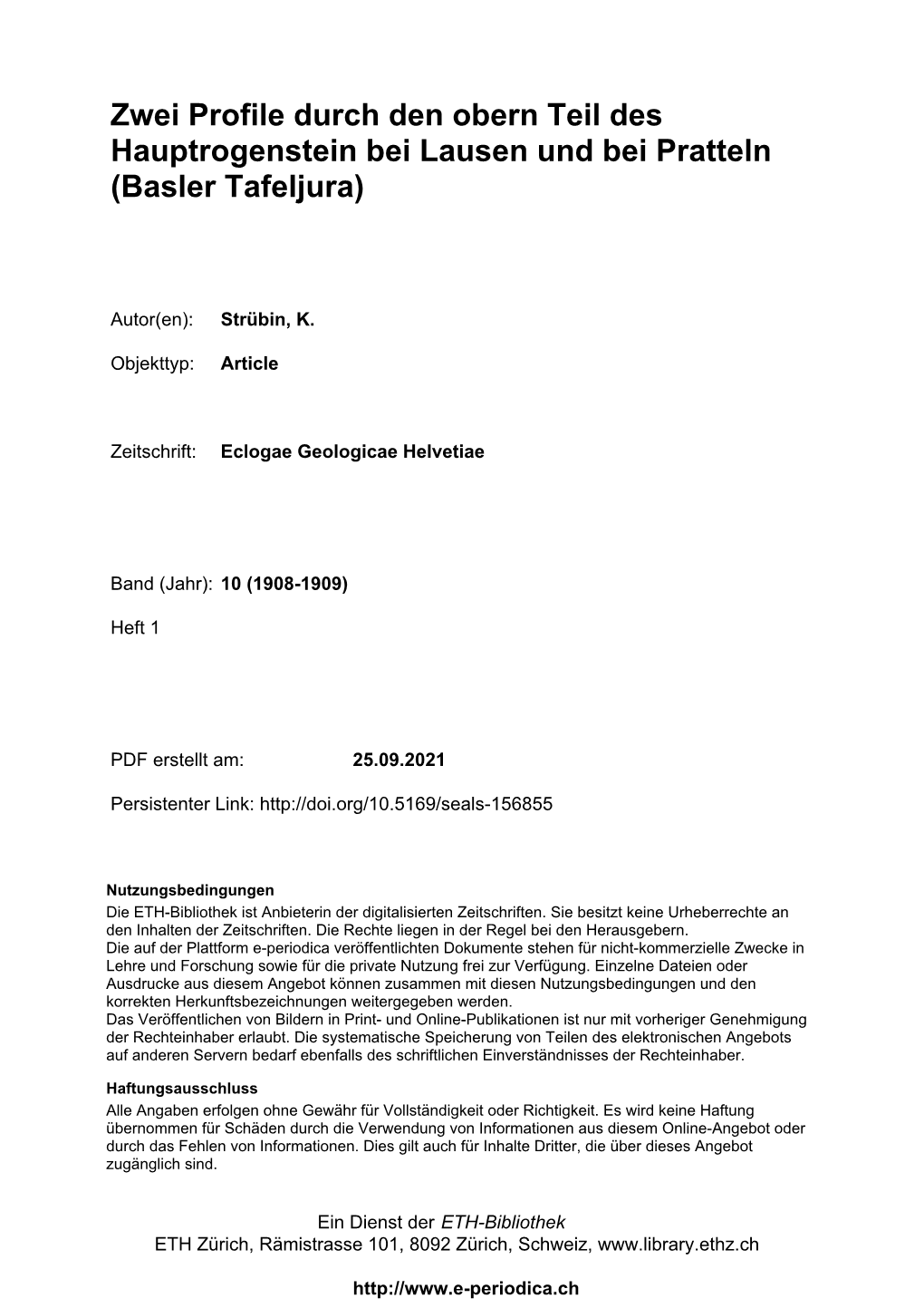 Zwei Profile Durch Den Obern Teil Des Hauptrogenstein Bei Lausen Und Bei Pratteln (Basler Tafeljura)