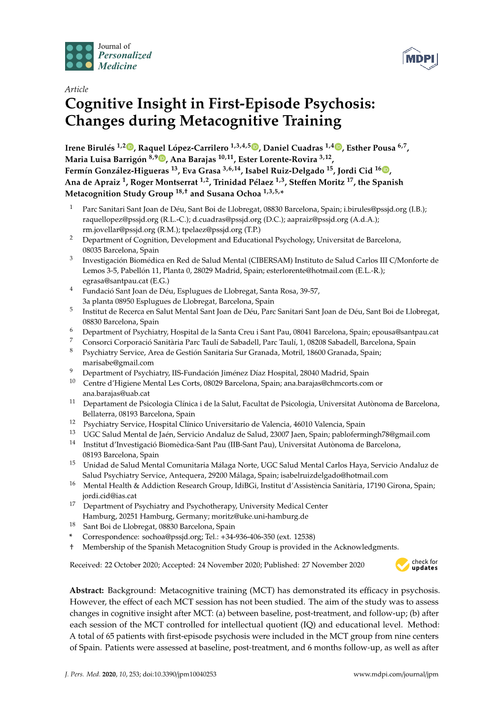 Cognitive Insight in First-Episode Psychosis: Changes During Metacognitive Training